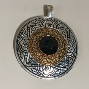 Mandala Medallion Pendant Black Glass Silver & Gold Tone w/ Magnetic Clasp 2.5"